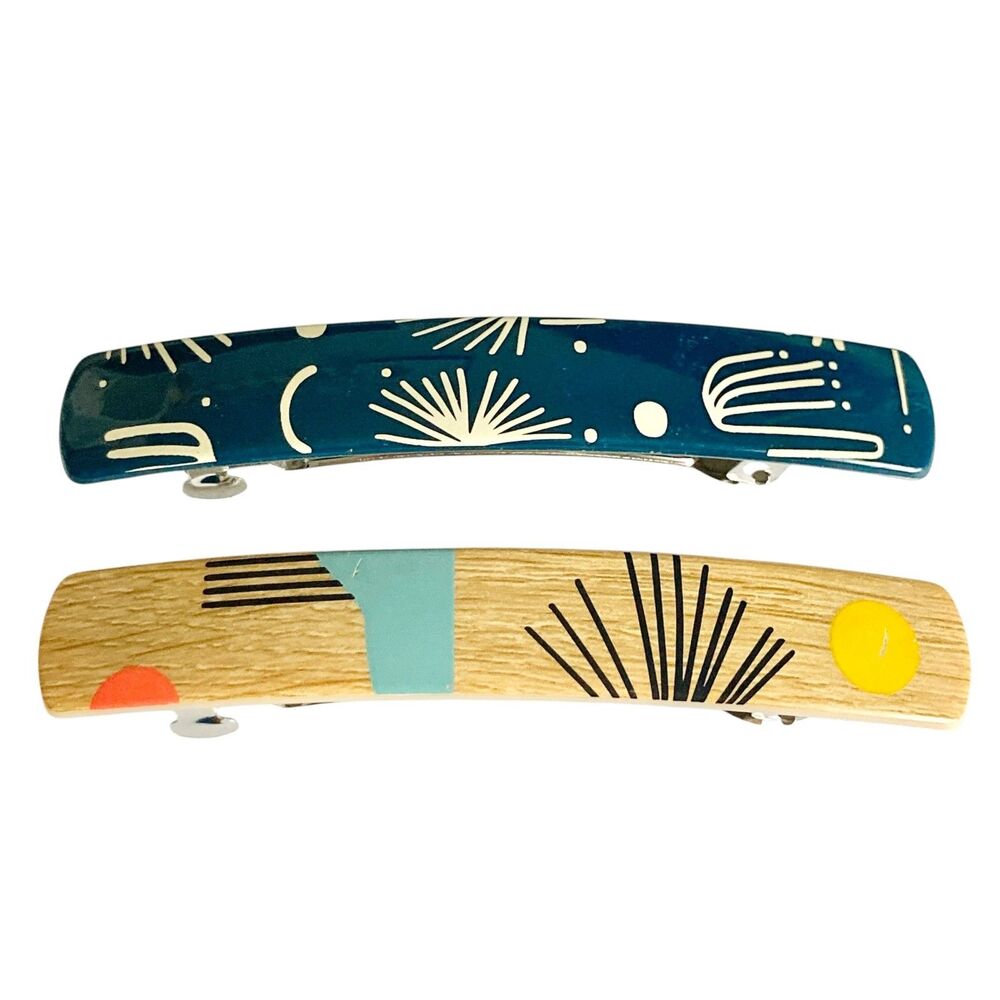 Stay Tight French Barrette Set of 2 Blue Beige Acrylic 3.5" Long Hair Pop Art